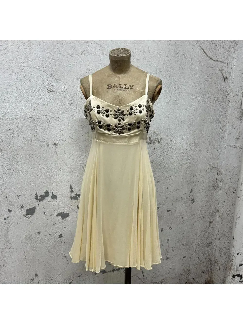 Vintage Marciano Studded Silk Chiffon Babydoll Mini Dress Cream - Picture 2 of 8